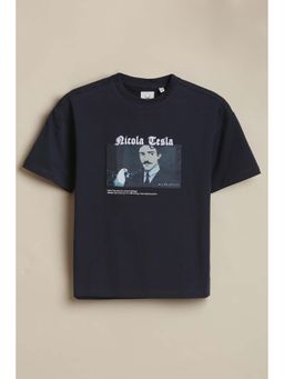 Allen Solly - Boys Navy Blue Graphic Printed Crew Neck T-shirt