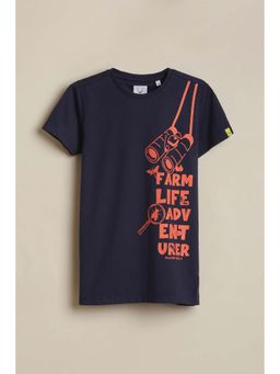 Allen Solly - Boys Navy Blue Graphic Printed Crew Neck T-shirt