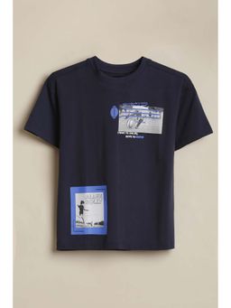 Allen Solly - Boys Navy Blue Graphic Printed Crew Neck T-shirt