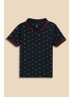 Allen Solly - Boys Navy Blue Printed Polo Neck T-shirt