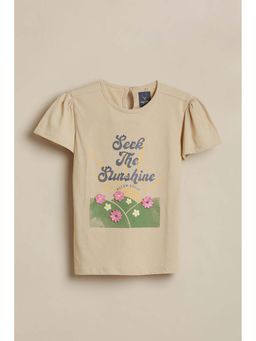 Allen Solly - Girls Beige Floral Embroidered Printed Casual T-shirt