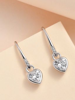 Ornate Jewels - 925 Silver American Diamond Heart Shape Dangle Earrings for Women & Girls