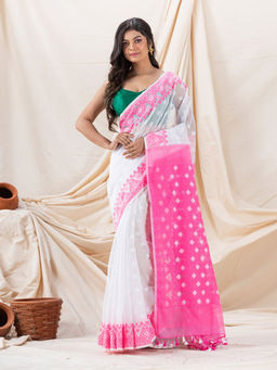 Angoshobha - Traditional White & Rani Pink Soft Dhakai Jamdani Saree with Unstitched Blouse