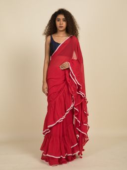 Suta - Red Pure Cotton Ruffle Saree with Lace