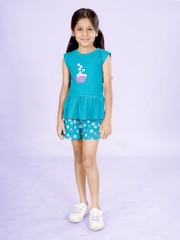 KiddoPanti - Girls Blue Cap Sleeves Mug Printed Top and Shorts (Set of 2)