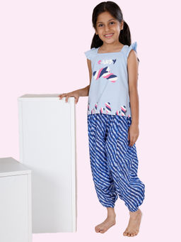 KiddoPanti - Blue Girls Printed Frill Sleeves Square Neck Top and Pant (Set of 2)