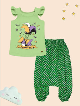 KiddoPanti - Girls Green Printed Frill Sleeves Square Neck Top and Pant (Set of 2)