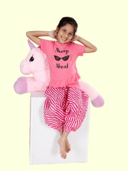 KiddoPanti - Girls Pink Always Ahead Printed Half Sleeve T-Shirt and Pant (Set of 2)