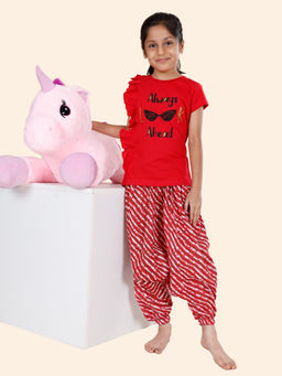 KiddoPanti - Girls Red Always Ahead Printed Half Sleeve T-Shirt and Pant (Set of 2)