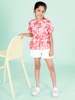 KiddoPanti - Girls Red Tie Up Floral Printed Top and Denim Shorts (Set of 2)