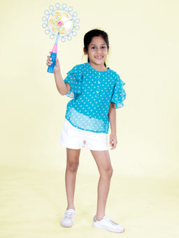 KiddoPanti - Girls Blue Frill Layered Sleeves Dot Printed Top & Denim Shorts (Set of 2)
