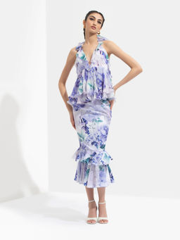 MANDIRA WIRK - Ume Printed Halter Neck Top Paired With Skirt White (Set of 2)