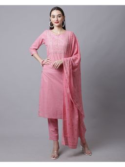 Rajnandini - Pure Cotton Zari Weaving Embroidered Kurta With Dupatta - Pink (Set of 3)