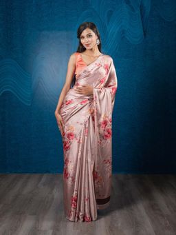 EXCLUSIVA - Brown Floral Satin Crepe Digital Print Saree with Unstitched Blouse