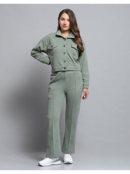 Rock.it - Womens Solid Green Collar Neck Full Sleeve Co-Ord (Set of 2)