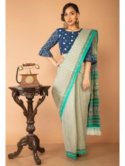 Unnati Silks - Ivory Green Pure Krisha Block Printed Cotton Saree with Unstitched Blouse