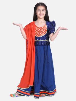 BownBee - Taffeta Booti Patch Lehenga Choli- Blue (Set of 3)