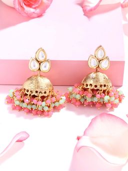 Zaveri Pearls - Green & Pink Cluster Beads Drop Kundan Jhumki Earring-ZPFK14614