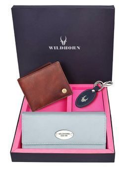 WILDHORN - Premium Leather Ladies Wallet, Mens Wallet and Keychain Gift -1K_EBL_2052CR_K (Set of 3)