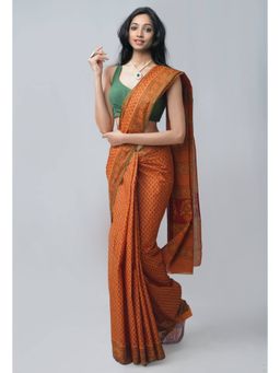 Unnati Silks - Rust Pure Block Printed Mulmul Cotton Saree with Unstitched Blouse