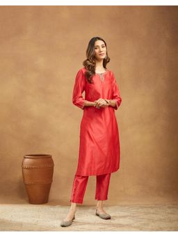 Fabindia - Red Embroidered Kurta with Pant