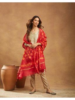Fabindia - Red Cotton Silk Printed Dupatta