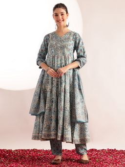 Vbuyz - Blue Floral Anarkali Kurta with Pant and Dupatta