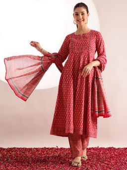Vbuyz - Pink Floral Anarkali Kurta with Pant and Dupatta