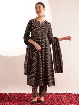 Vbuyz - Black Floral Anarkali Kurta with Pant and Dupatta