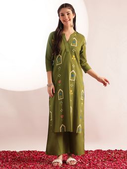 Vbuyz - Green Geometric Kurta with Palazzo