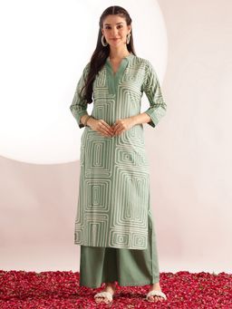 Vbuyz - Green Geometric Kurta with Palazzo