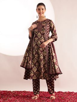 Vbuyz - Wine Printed Kurta with Pant and Dupatta