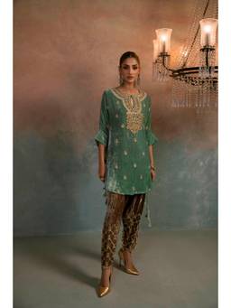 Khushboo & Pankaj - Aqua Mist Velvet Embroidered Kurta with Pant