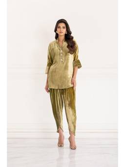 Khushboo & Pankaj - Champagne Olive Velvet Kurta with Dhoti