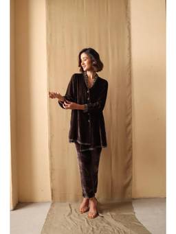 Khushboo & Pankaj - Brown Mocha Luxe Embellished Velvet Co-Ord Set