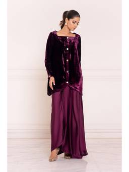 Khushboo & Pankaj - Wine Plum Luxe Velvet Top with Draped Skirt