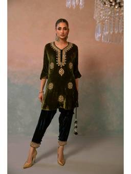 Khushboo & Pankaj - Green Olive Opulence Embroidered Velvet Kurti with Pant