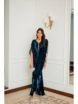 Khushboo & Pankaj - Teal Royale Embellished Velvet Kaftan Dress