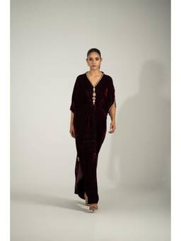 Khushboo & Pankaj - Wine Crimson Luxe Hand-Embroidered Kaftan Dress