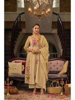 WOOMN - Beige Cotton Crush Embroidered Kurta with Pant and Dupatta