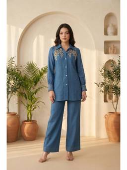 WOOMN - Blue Linen Embroidered Co-Ord Set