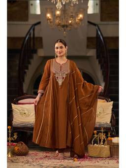 WOOMN - Brown Chander Calf Anarkali Kurta with Pant and Dupatta
