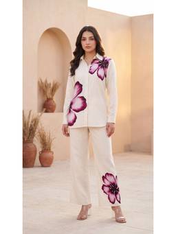 WOOMN - Off White Floral Printed Straight Co-Ord Set