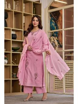 WOOMN - Pink Floral Embroidered Straight Kurta with Pant and Dupatta