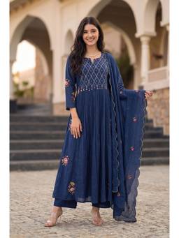 WOOMN - Blue Embroidered Anarkali Kurta with Pant and Dupatta