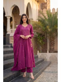 WOOMN - Pink Embroidered Anarkali Kurta with Pant and Dupatta