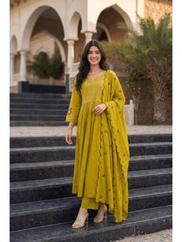 WOOMN - Yellow Embroidered Anarkali Kurta with Pant and Dupatta