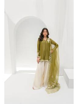 Khushboo & Pankaj - Olive Silk Embroidered Kurti Why Palazzo and Dupatta