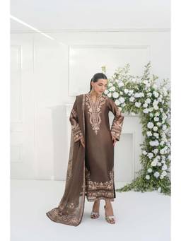 Khushboo & Pankaj - Mocha Brown Silk Embroidered Straight Kurta with Pant and Dupatta