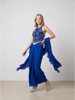 NIYARA INDIA - Samyra Royal Blue Hand-Beaded Top with Draped Skirt and Dupatta